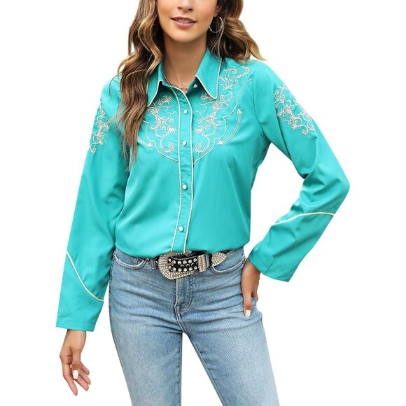 Tops - Women's Green Cowgirl Long Sleeve Embroidered Button Up Dressy Blouses Shirts